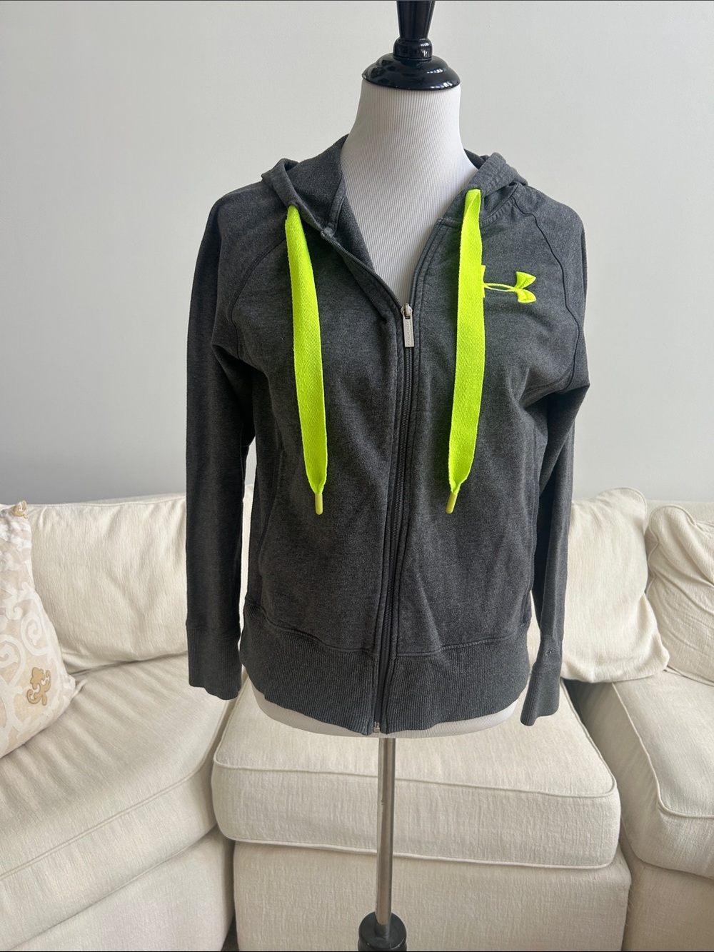 Under Armour Dark Gray Zip Hoodie with Neon Yellow Drawstrings